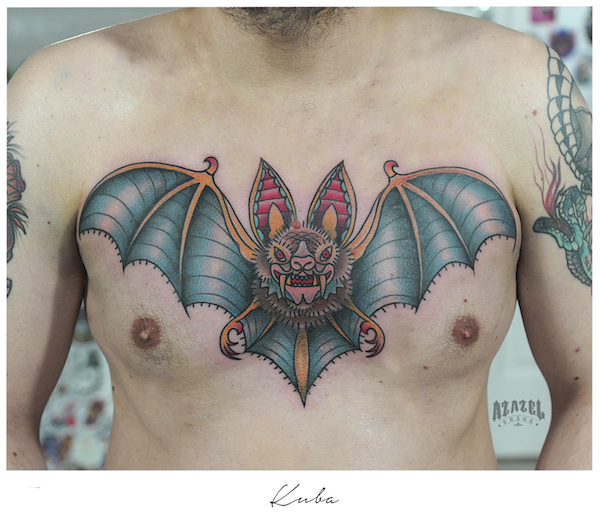 Kolorowy nietoperz, wzór tatuażu dla mężczyzn